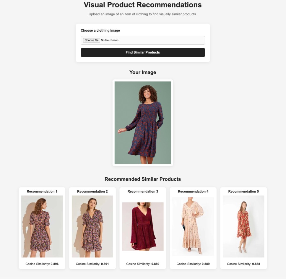 Visual product recommendation application screenshot