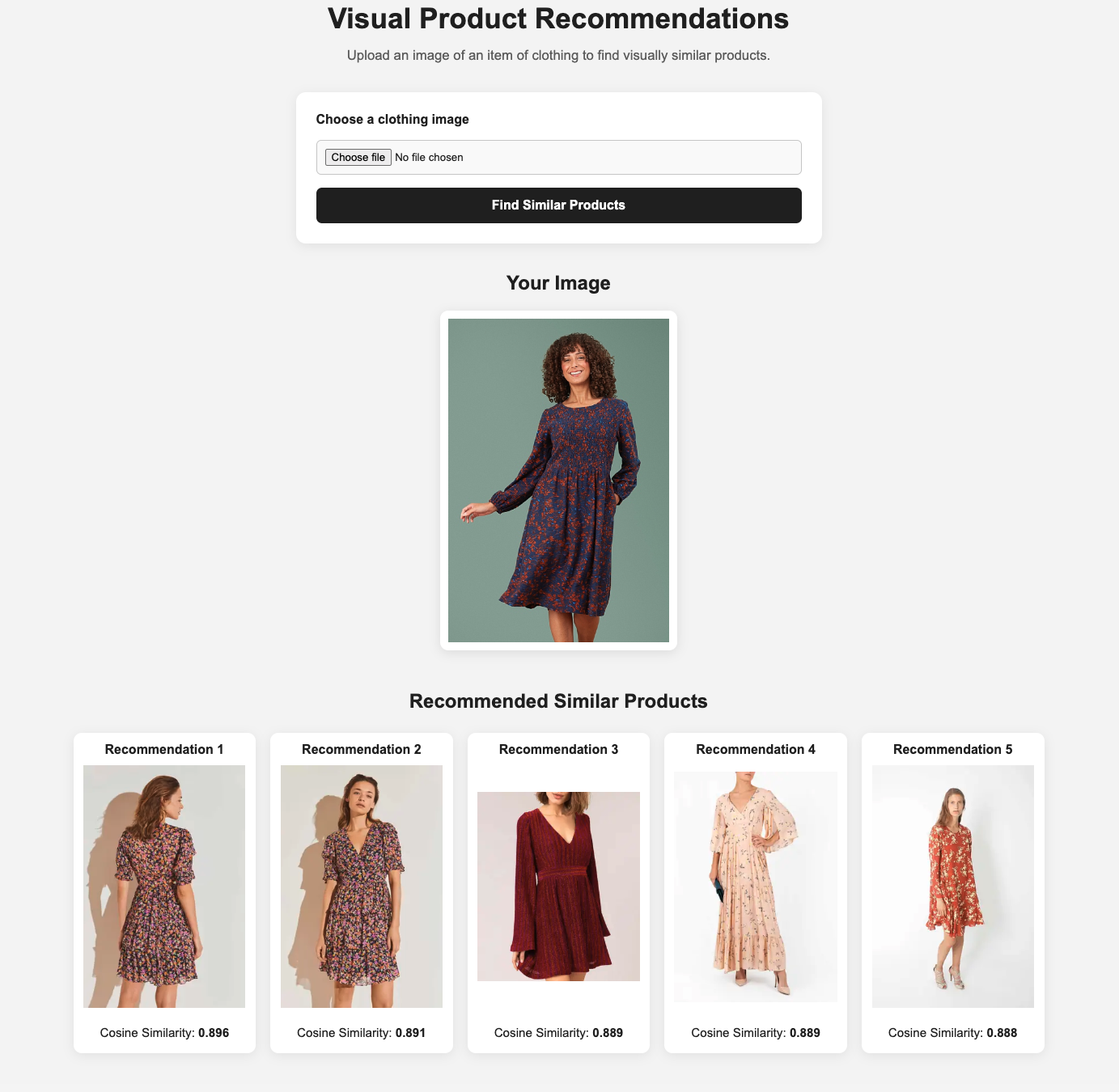 Visual product recommendation application screenshot